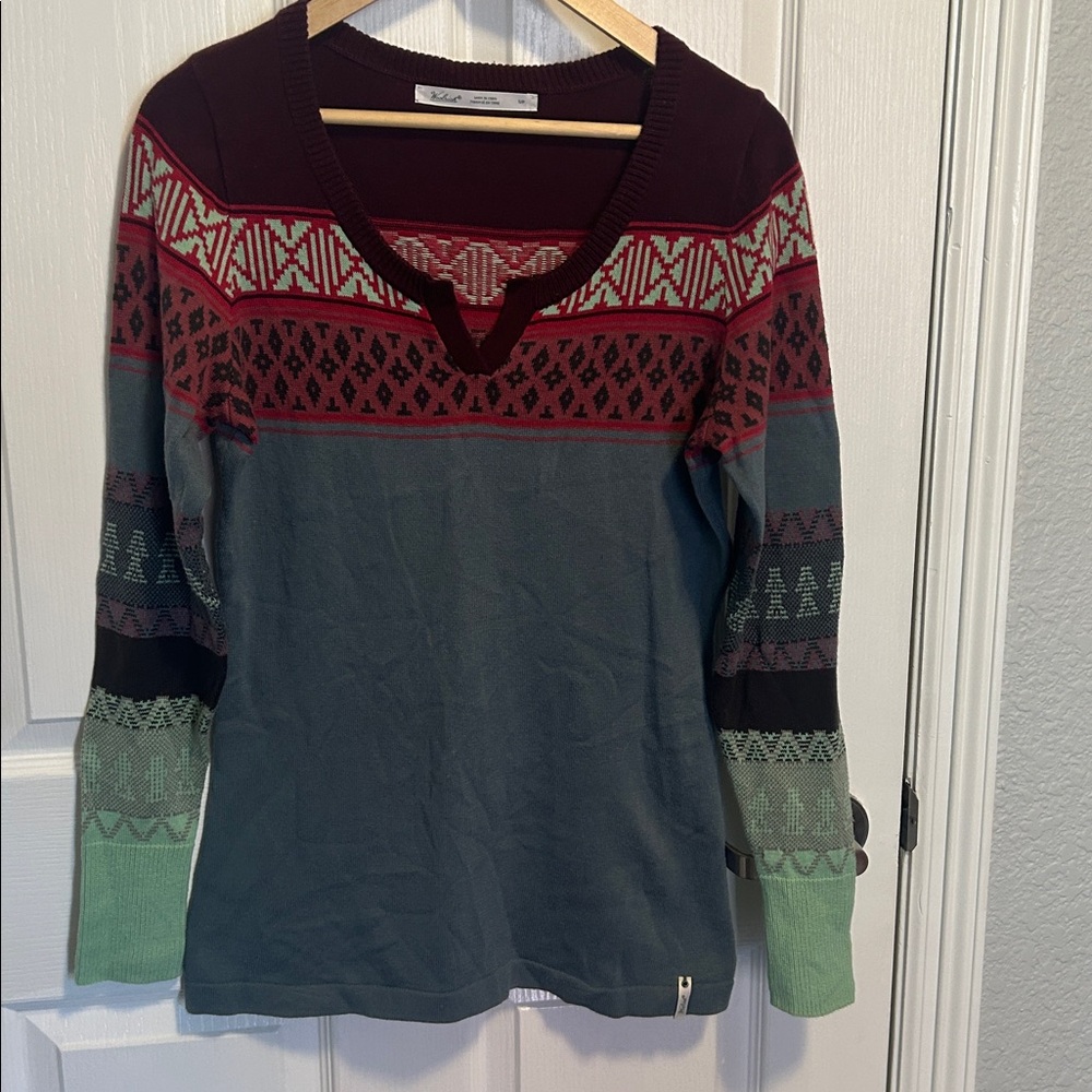 Woolrich Avalanche‎ Sweater Top Aztec Blue burgundy teal